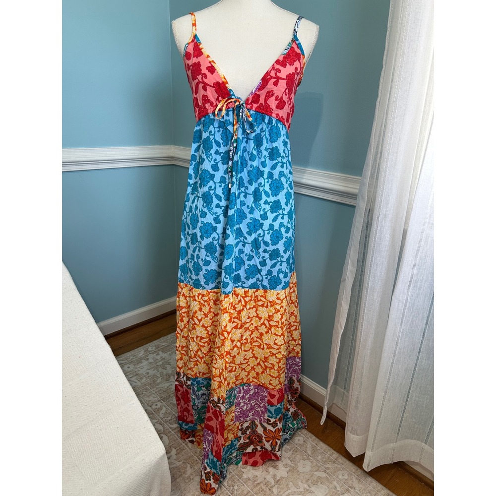 Bar III Floral Patchwork Maxi Dress Multicolor Boho Tiered V-Neck Medium